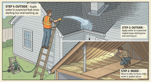 Homeowner using garden hose on roof while helper watches for leak inside attic