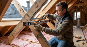 Using a level and tape measure on an attic rafter to determine roof pitch