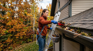 Homeowner cleaning leaves and debris from rain gutters in autumn