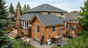 Completed DIY shingled shed roof with clean ridge cap and drip edge installed