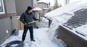 Homeowner pulling snow off roof eave using a telescoping roof rake while standing safely on the ground