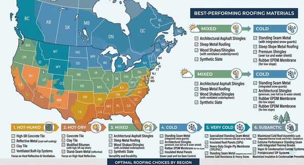 Map of US and Canadian climate zones with recommended roofing materials for each region
