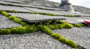 Thick green moss growing between rows of asphalt roof shingles trapping moisture