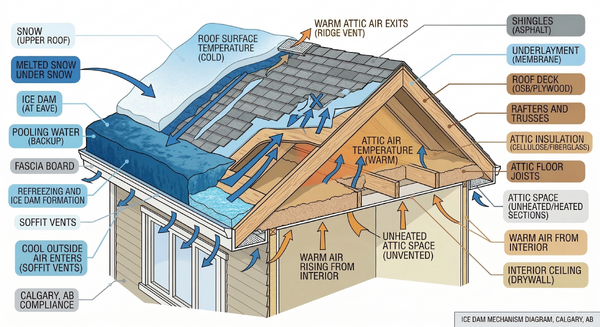 Diagram showing attic ventilation airflow from soffit intake vents up through attic space and out through ridge exhaust vent