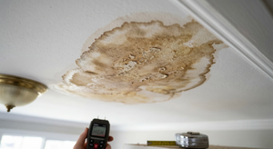 Brown water stain on white ceiling indicating an active roof leak above