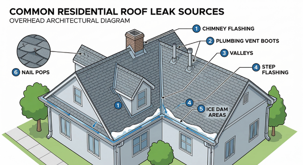Diagram of a roof identifying the most common leak locations including flashing, vents, valleys, and chimneys