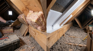 Blocked soffit vent with insulation pushed against it reducing attic ventilation intake